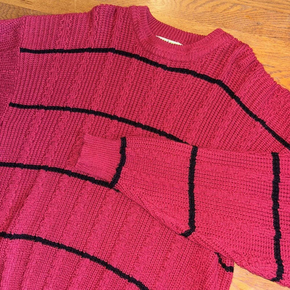 VTG American Weekend Mens Large Cable Knit Sweater Maroon Navy‎ Striped 90s